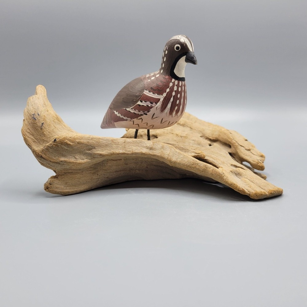 Hand Carved Wood Quail Figurine Hand Painted Bird Sculpture On Driftwood Base